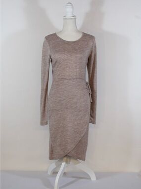 Katella Couture Long Sleeve Taupe Side-Tie Wrap Dress NWT
